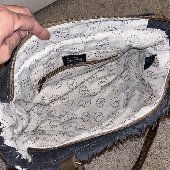 MYRA🌻BAG BOHO Blue Floral Canvas Navy Denim💙Brown LEATHER Handles & Accents - Picture 11 of 16